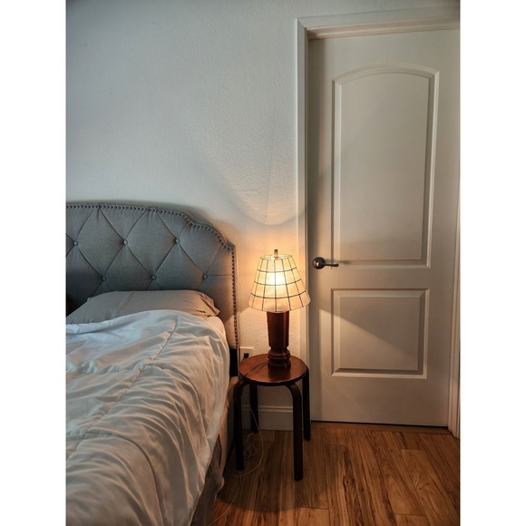 Pair Vintage Capiz Shell Table Lamps Wood Brass Base MCM Coastal Boho 70s modern - Picture 2 of 11